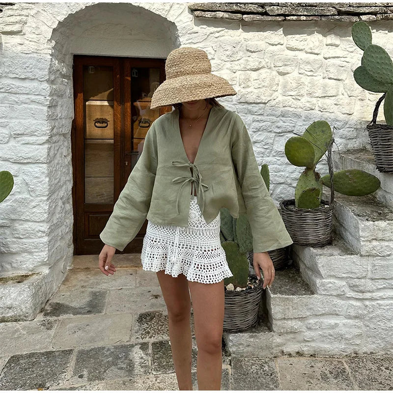 Sicily Front-Tie Linen Top