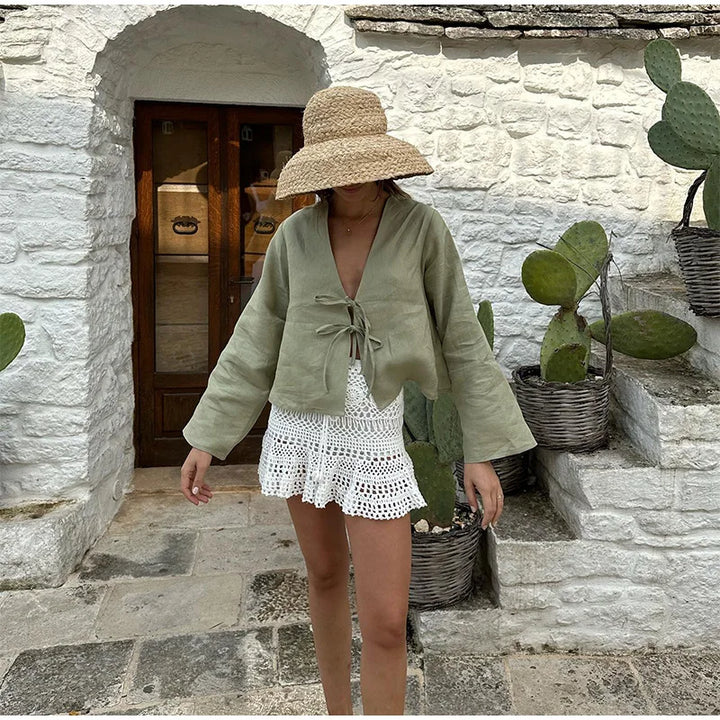 Sicily Front-Tie Linen Top