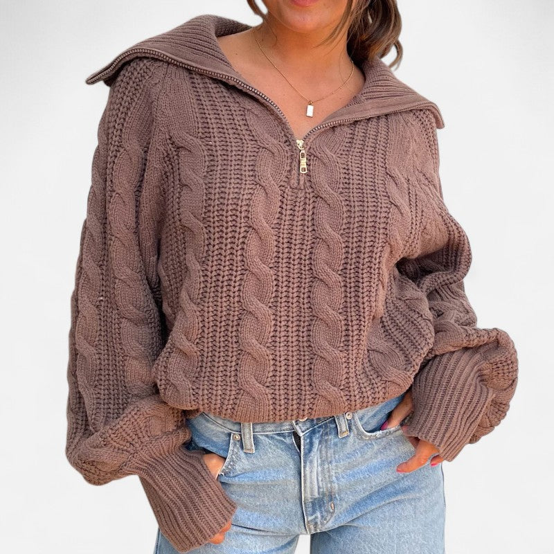 Élan Urbain™ | Pull Femme à Demi‑Fermeture en Maille Torsadée – Col Revers & Coupe Relax