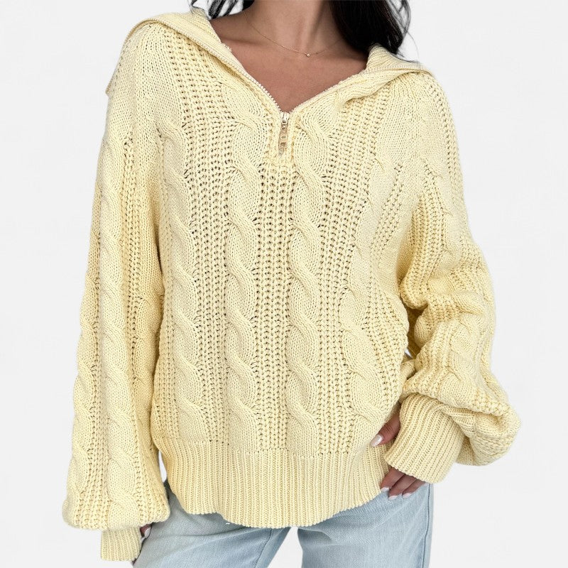 Élan Urbain™ | Pull Femme à Demi‑Fermeture en Maille Torsadée – Col Revers & Coupe Relax