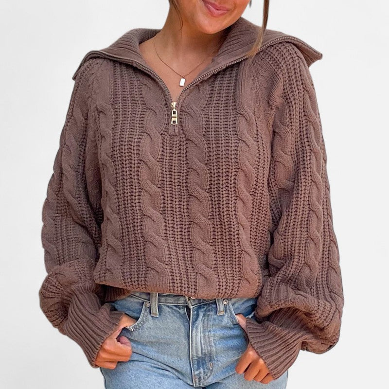 Élan Urbain™ | Pull Femme à Demi‑Fermeture en Maille Torsadée – Col Revers & Coupe Relax