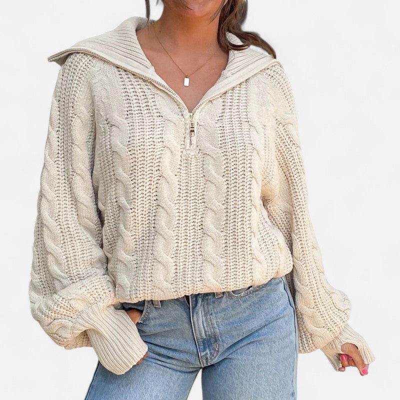 Élan Urbain™ | Pull Femme à Demi‑Fermeture en Maille Torsadée – Col Revers & Coupe Relax