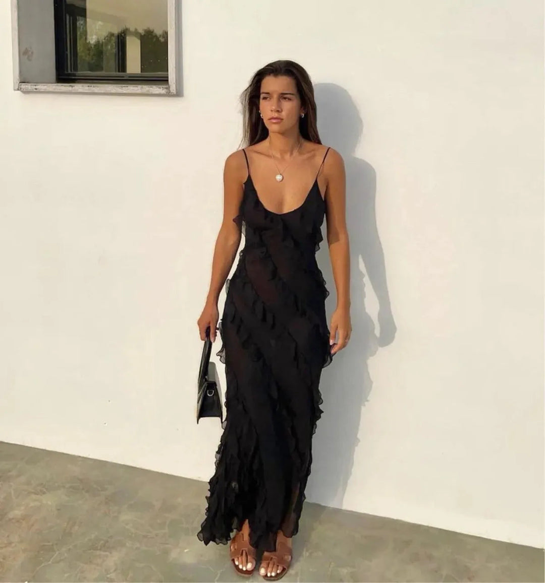 Romantic Ruffle Chiffon Evening Gown Maxi Dress