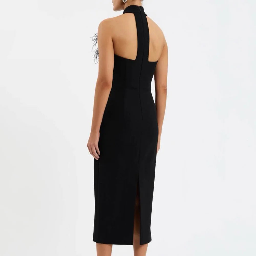 Backless Feather Embellished Midi Dress