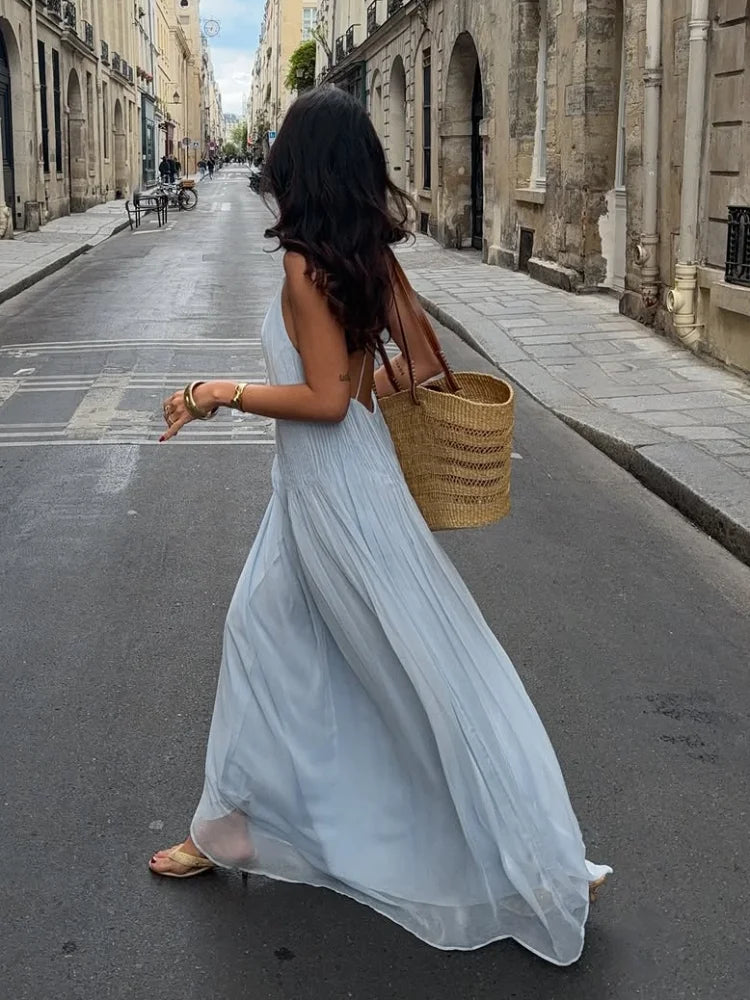 Pleated Spaghetti Strap Maxi Dress with Flowing Silhouette