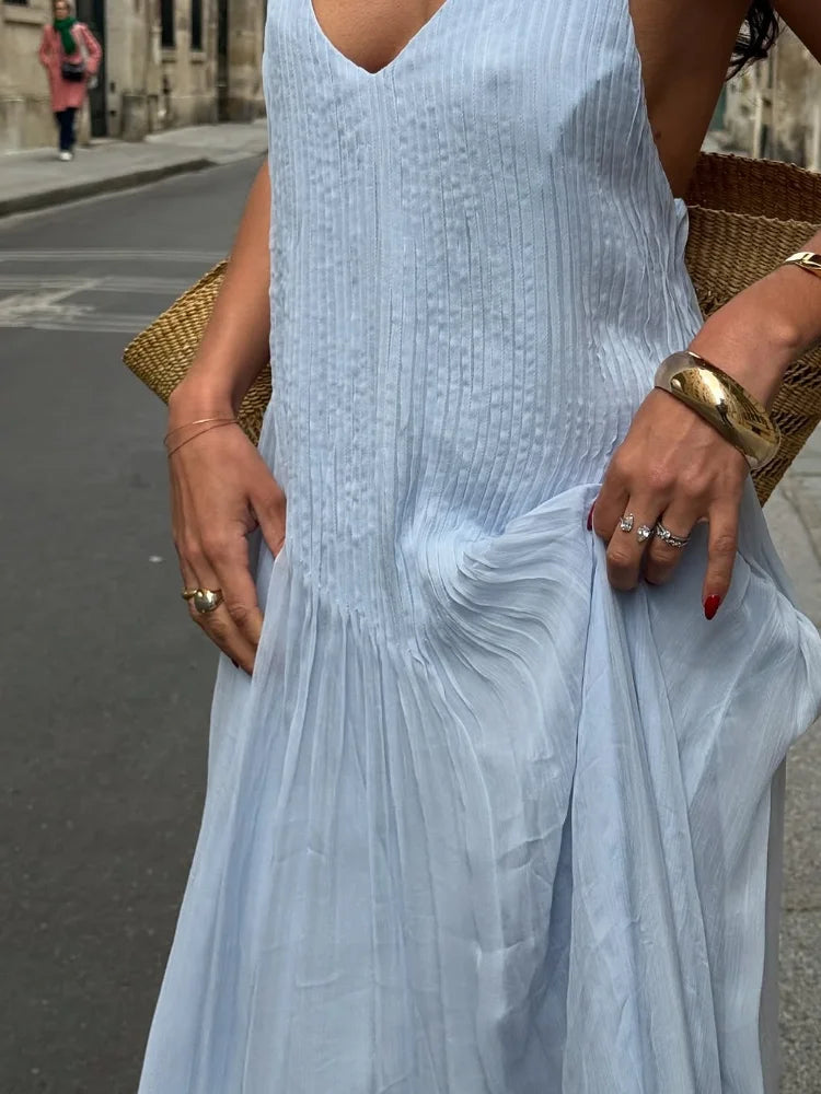 Pleated Spaghetti Strap Maxi Dress with Flowing Silhouette