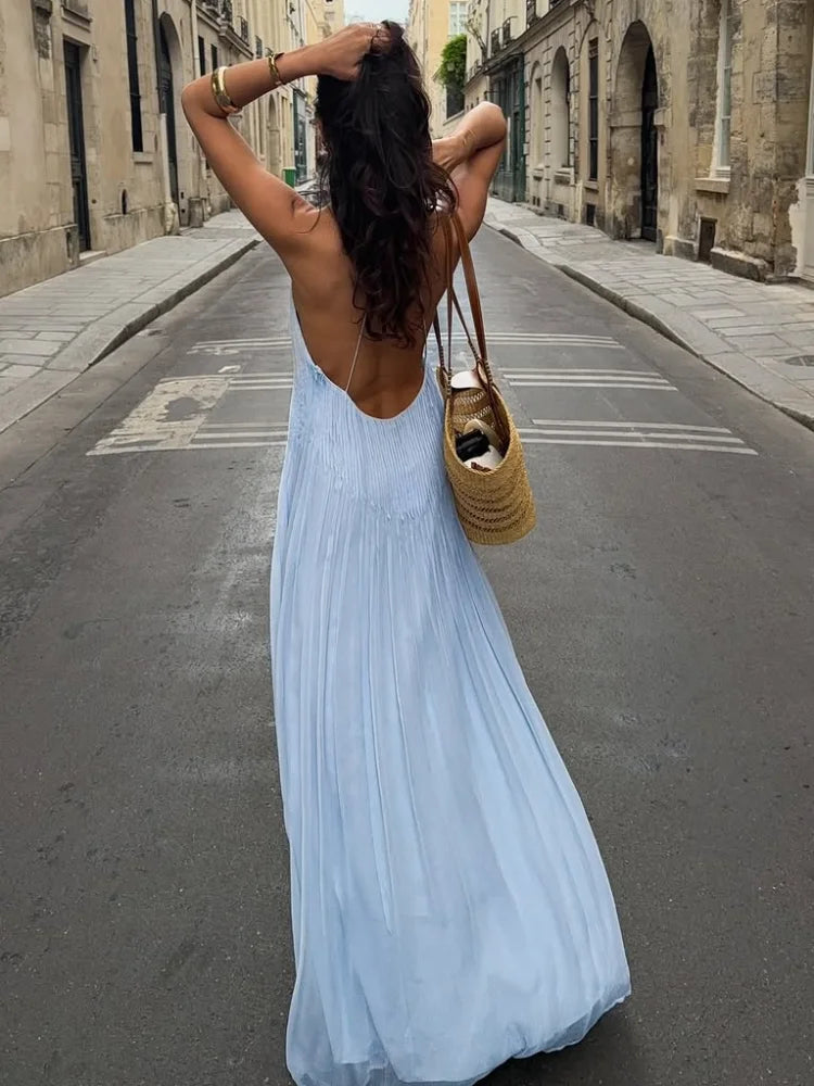Pleated Spaghetti Strap Maxi Dress with Flowing Silhouette