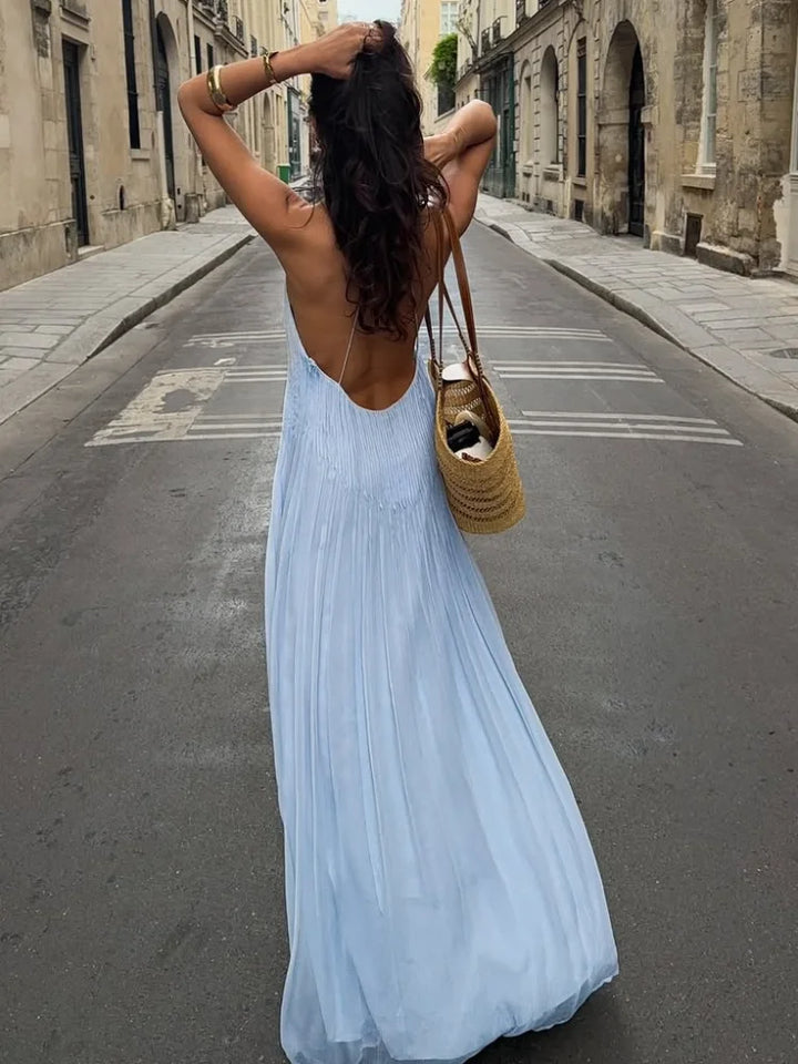 Pleated Spaghetti Strap Maxi Dress with Flowing Silhouette