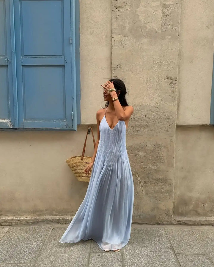 Pleated Spaghetti Strap Maxi Dress with Flowing Silhouette