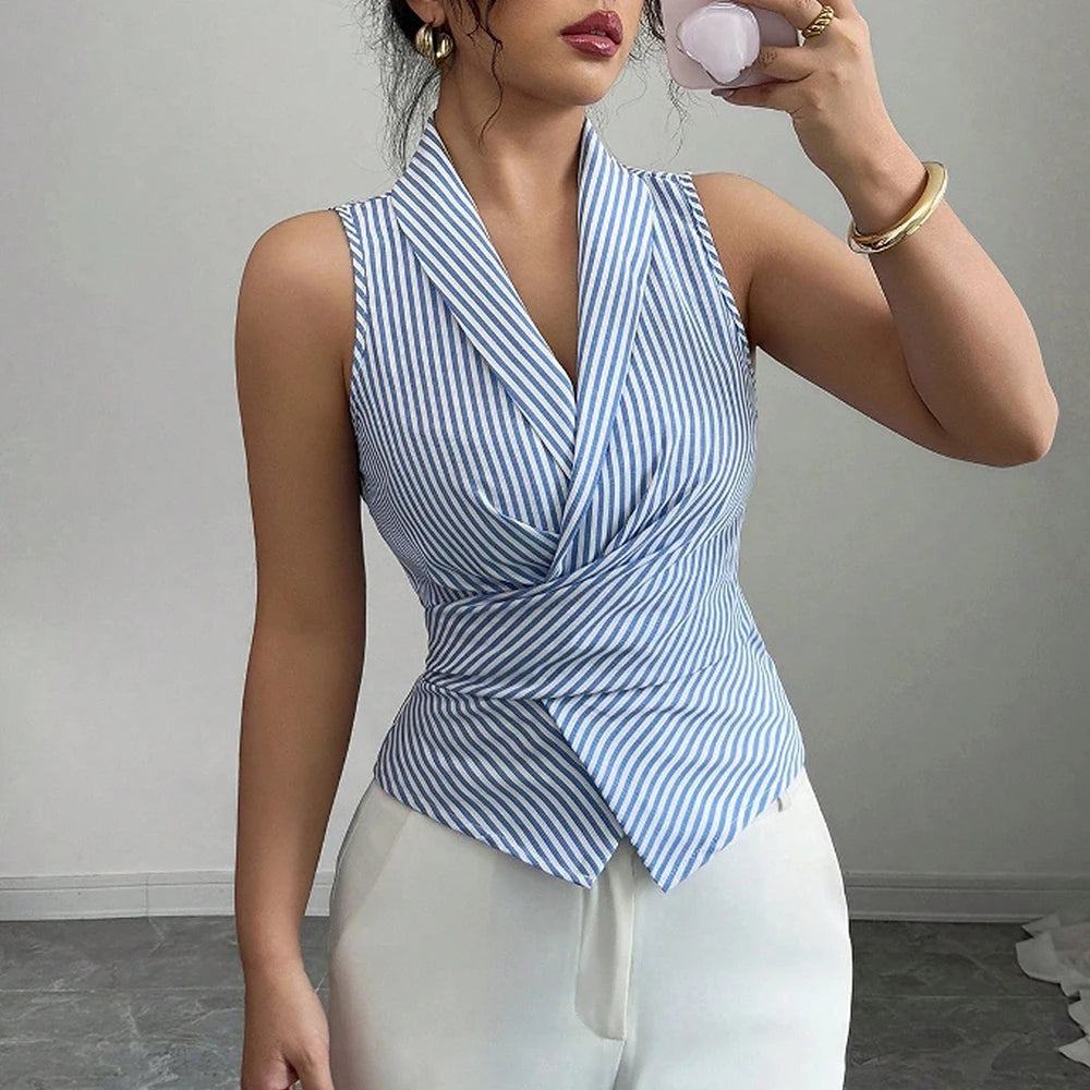 Striped Sleeveless Lapel Shirt