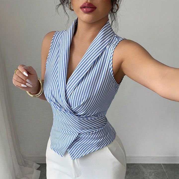 Striped Sleeveless Lapel Shirt