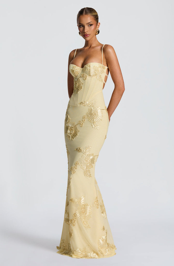 Floral Jacquard Wedding Guest Corset Maxi Dress