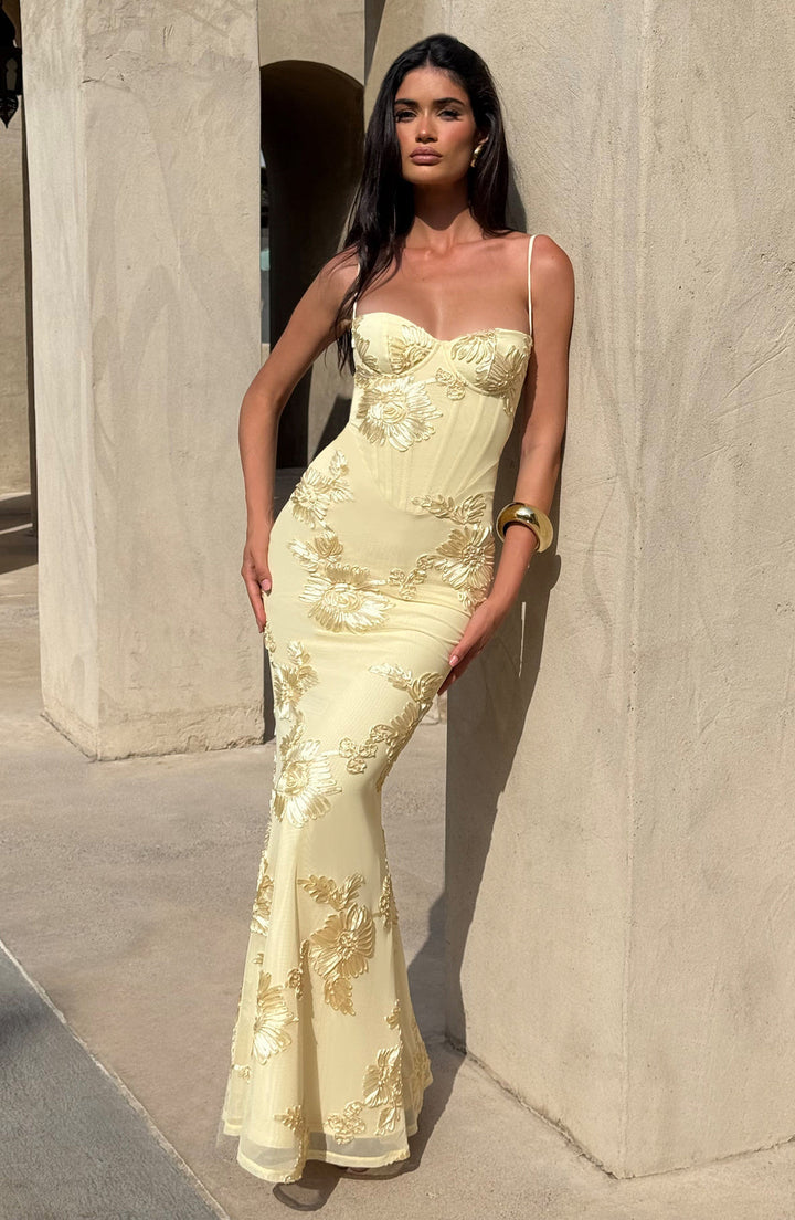 Floral Jacquard Wedding Guest Corset Maxi Dress