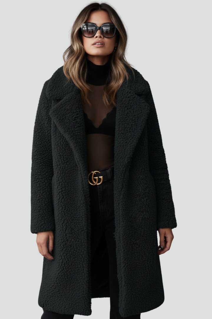 Women’s Long Coat with Lapel Collar and Textured Surface