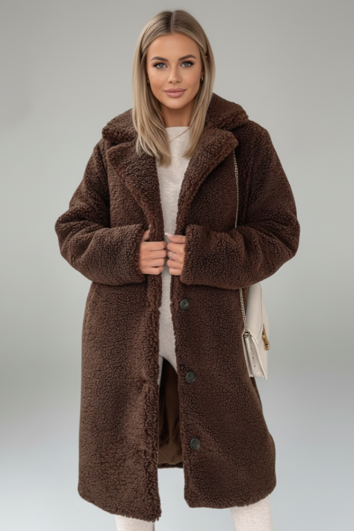 Women’s Long Coat with Wide Collar and Button Fastening