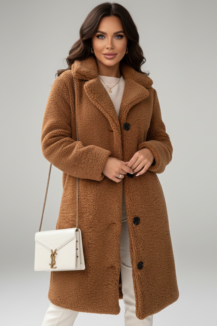 Women’s Long Coat with Wide Collar and Button Fastening