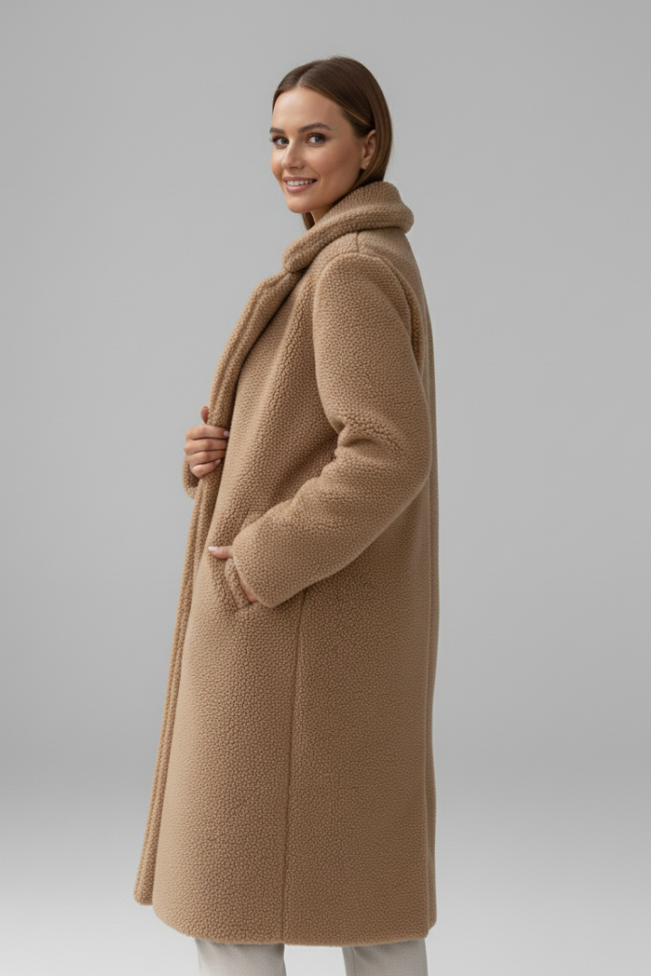 Women’s Long Coat with Wide Collar and Button Fastening