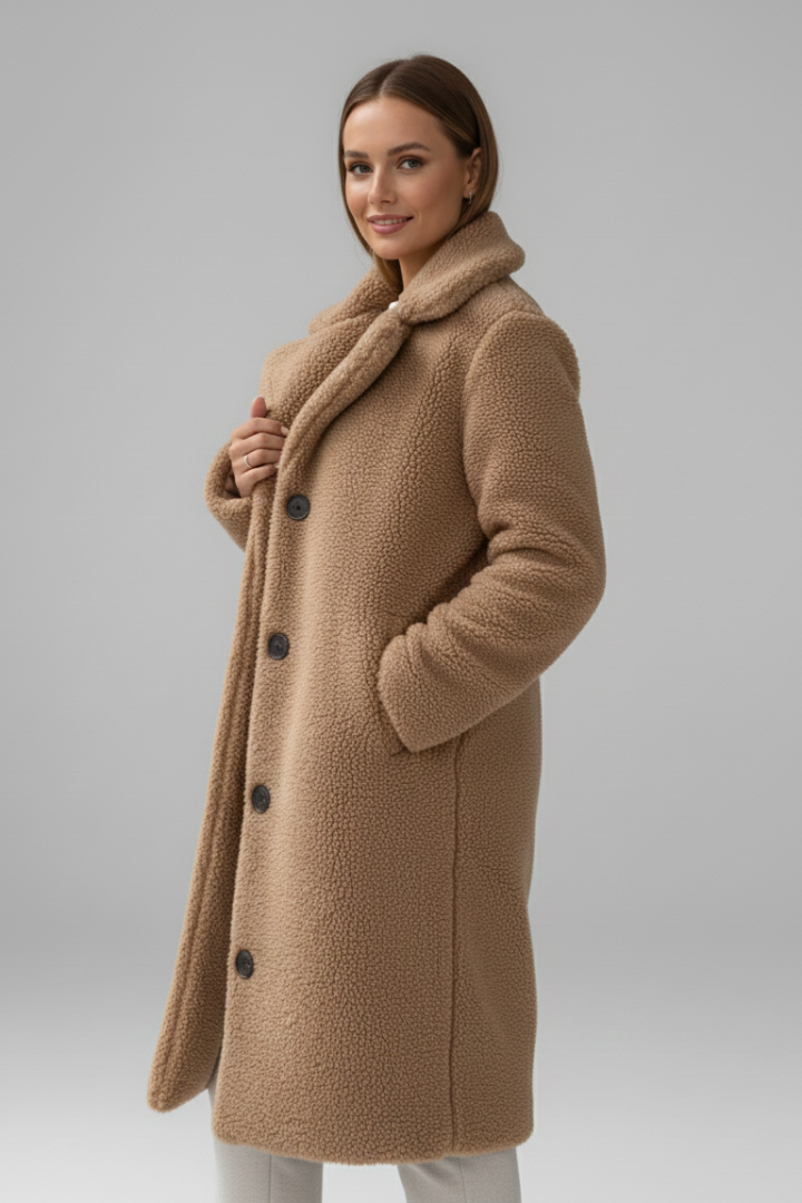 Women’s Long Coat with Wide Collar and Button Fastening