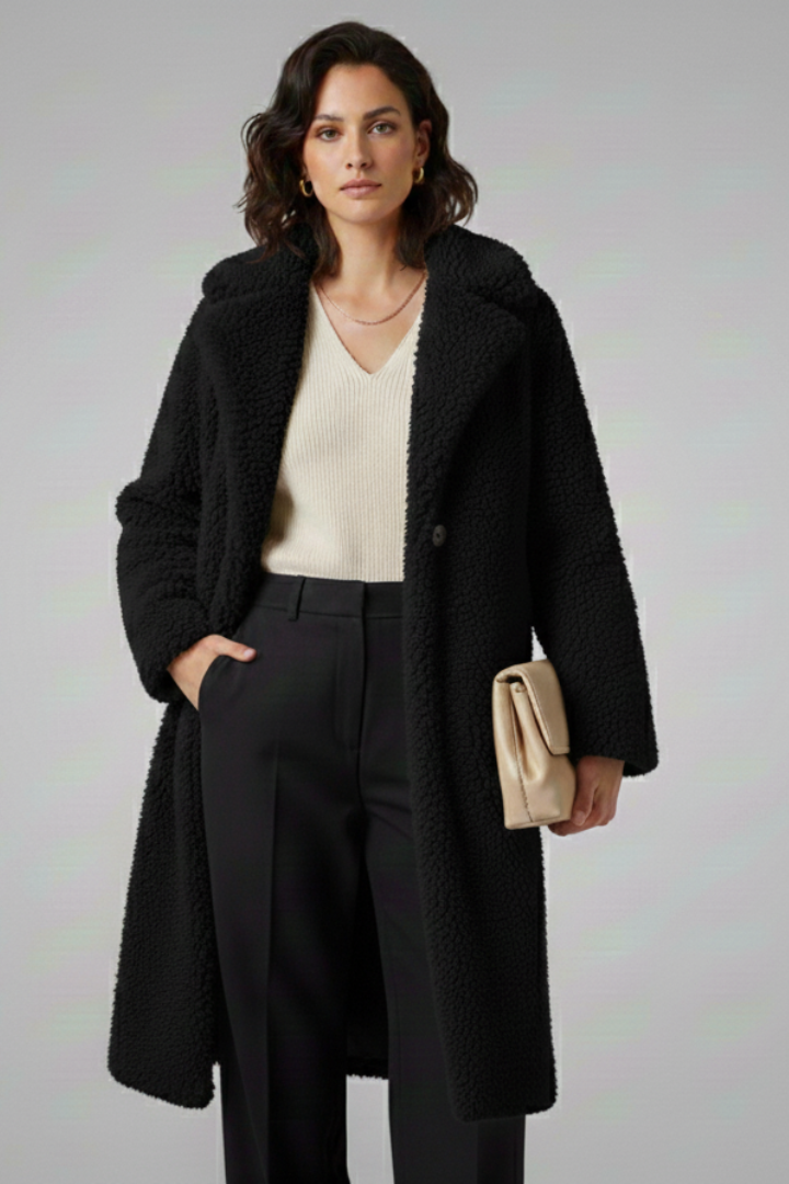 Women’s Long Coat with Wide Collar and Textured Fleece Finish