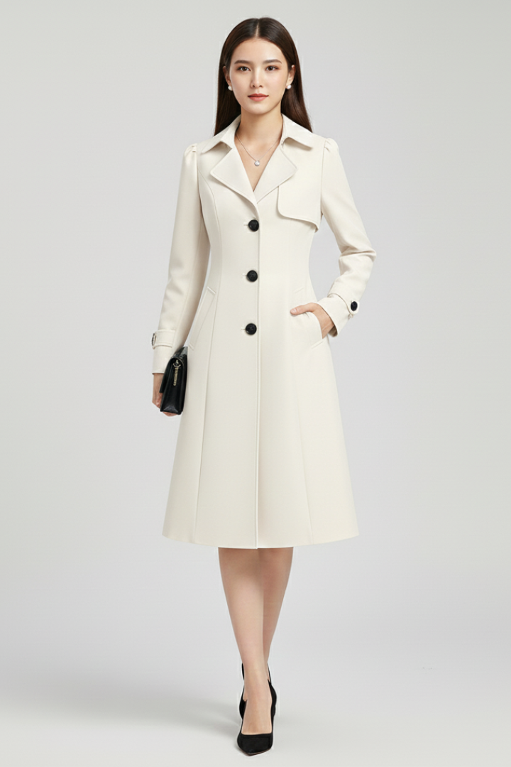 Women’s Trench Coat with Notched Lapel and Button Closure