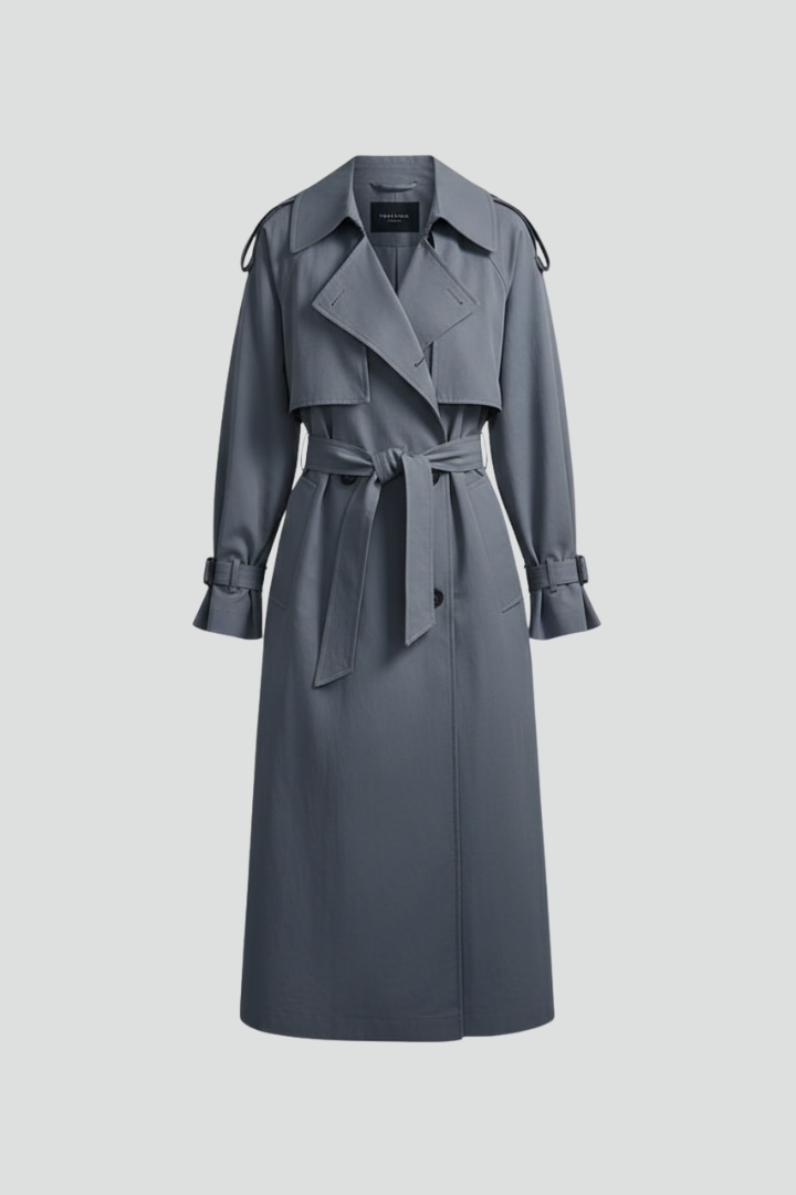 Women’s Trench Coat with Wide Collar and Double Button Closure