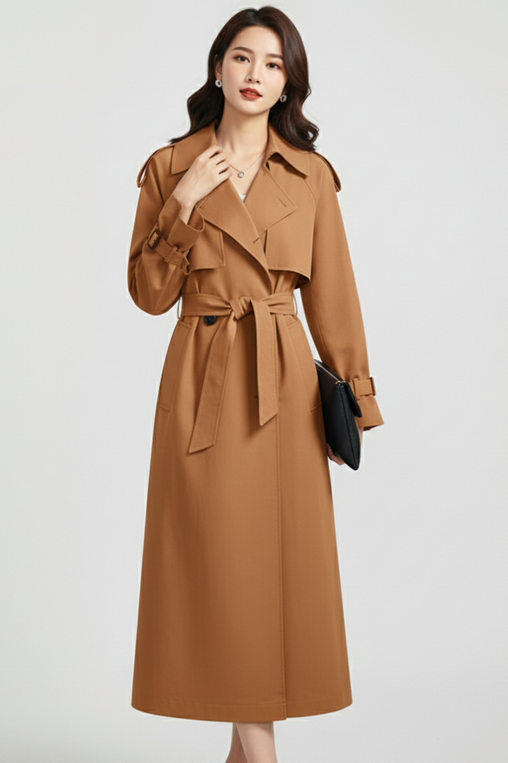 Women’s Trench Coat with Wide Collar and Double Button Closure
