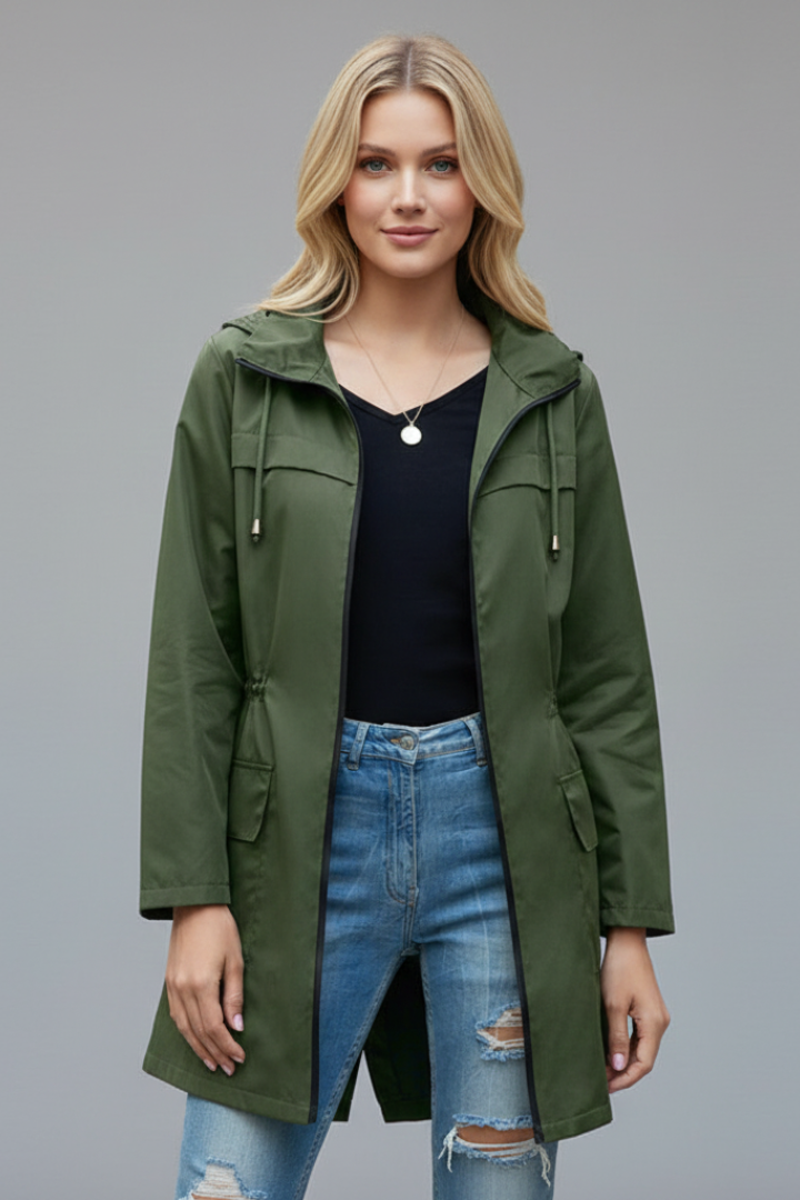 Women’s Trench Coat with Zip Fastening and Long Sleeves