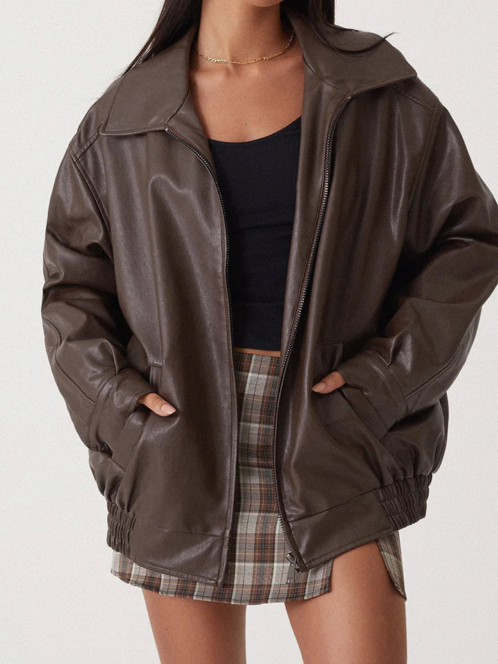 Oversized Women's Leather Bomber Jacket with Zip