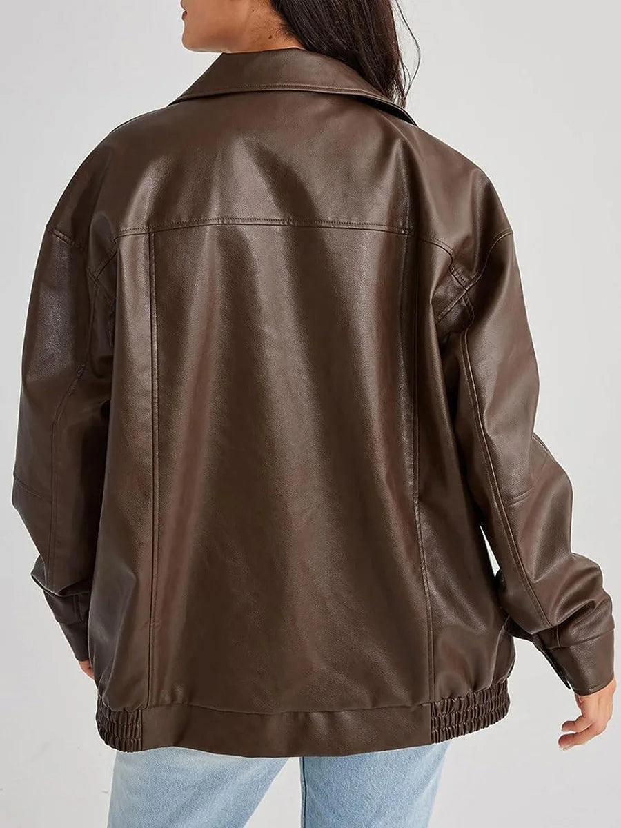 Oversized Women's Leather Bomber Jacket with Zip