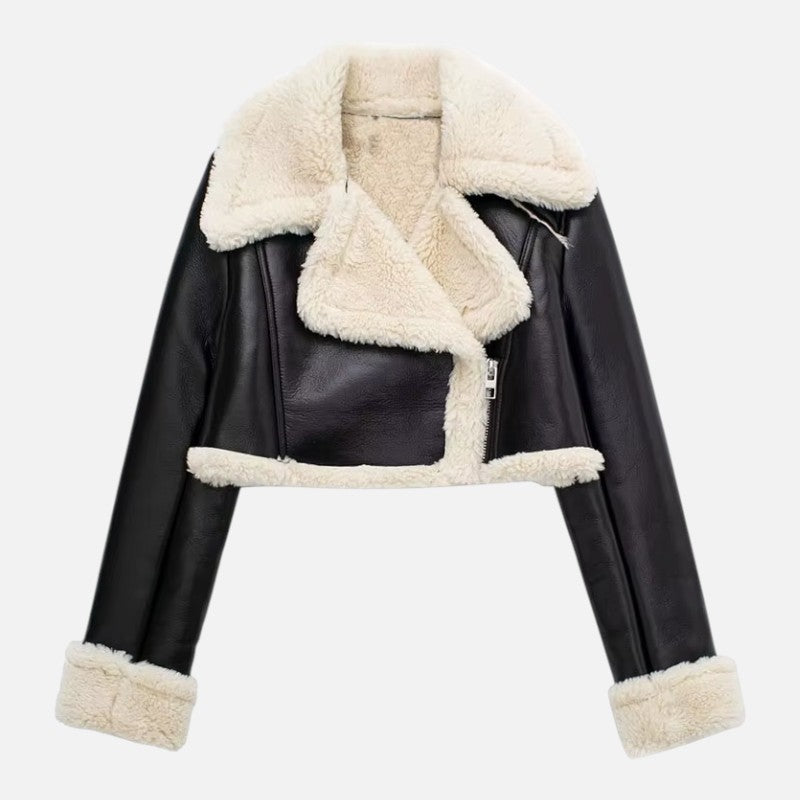 Élan Urbain™ | Veste Bomber Courte en Cuir et Laine Mélangée pour Femme