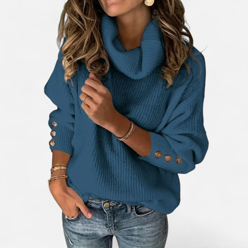 Élan Urbain™ | Pull Femme à Col Haut Décontracté – Boutons Décoratifs