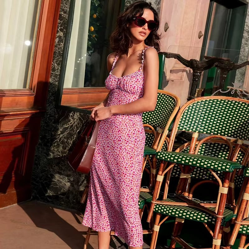 Summer Floral Printed Ruffle Strap Midi Dress