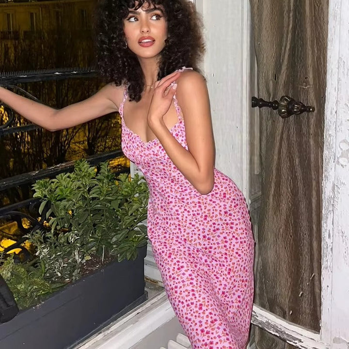 Summer Floral Printed Ruffle Strap Midi Dress